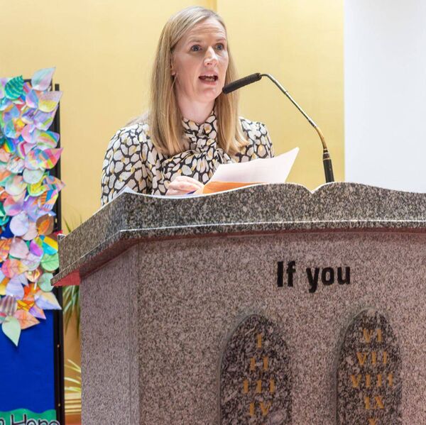 Principal Mairead Mullally explains the symbols brought by the pupils to the altar Principal Mairead Mullally explains the symbols brought by the pupils to the altar
